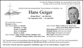 Traueranzeige Geiger Hans