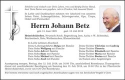 Traueranzeige Johann Betz