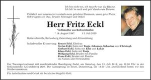 Traueranzeige Fritz Eckl