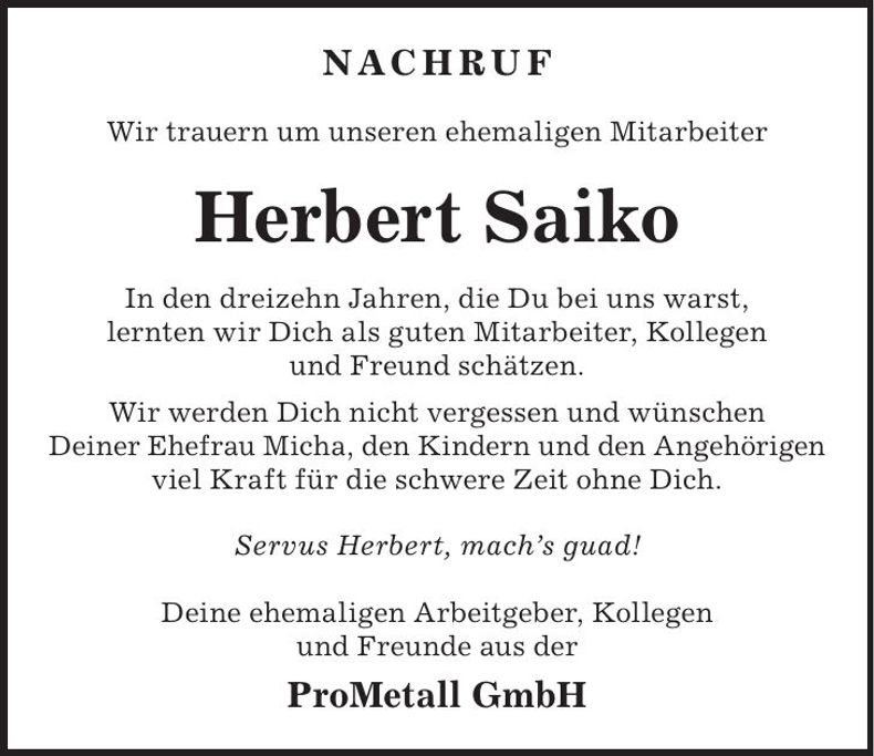 Traueranzeige Herbert Saiko