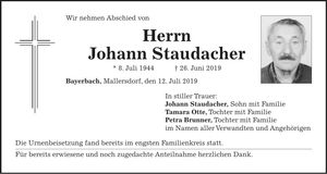 Traueranzeige Johann Staudacher