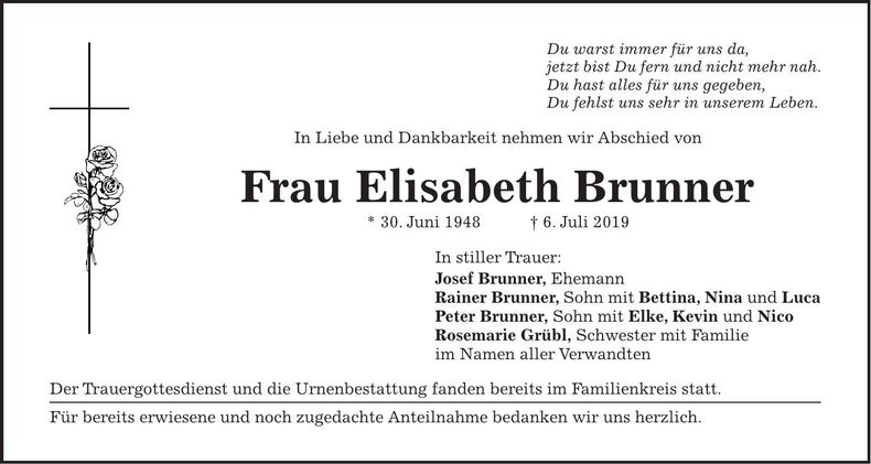 Traueranzeige Elisabeth Brunner