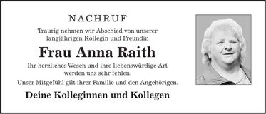 Traueranzeige Anna Raith