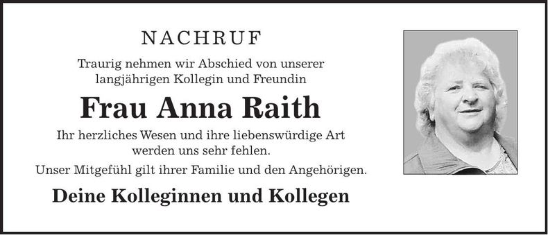 Traueranzeige Anna Raith