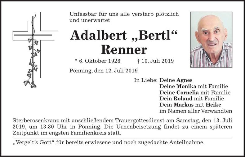 Traueranzeige Adalbert Renner