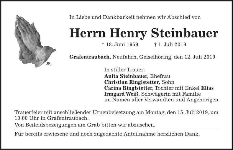 Traueranzeige Henry Steinbauer