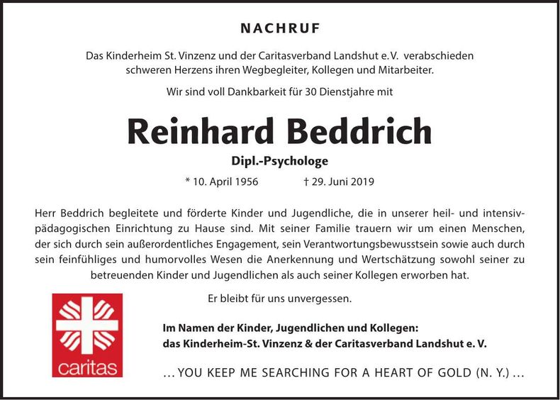 Traueranzeige Reinhard Beddrich