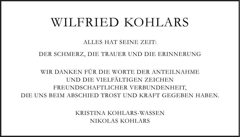 Traueranzeige Wilfried Kohlars
