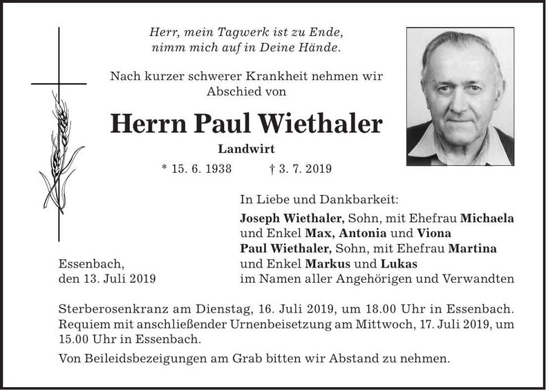 Traueranzeige Paul Wiethaler