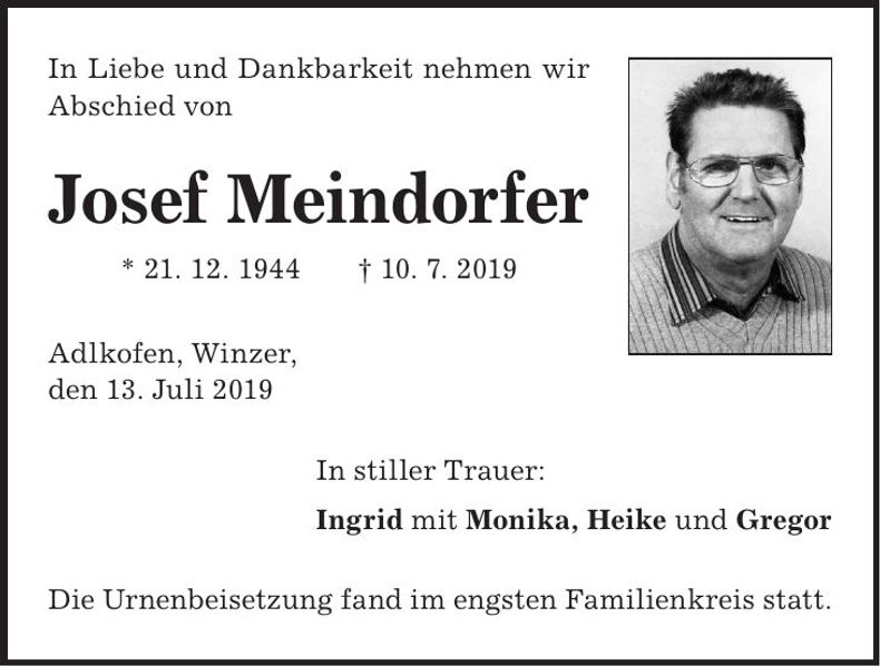 Traueranzeige Josef Meindorfer