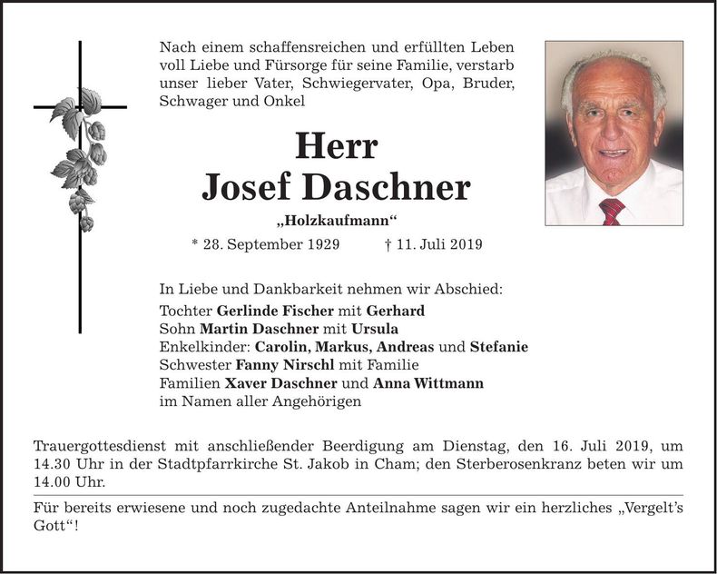 Traueranzeige Josef Daschner