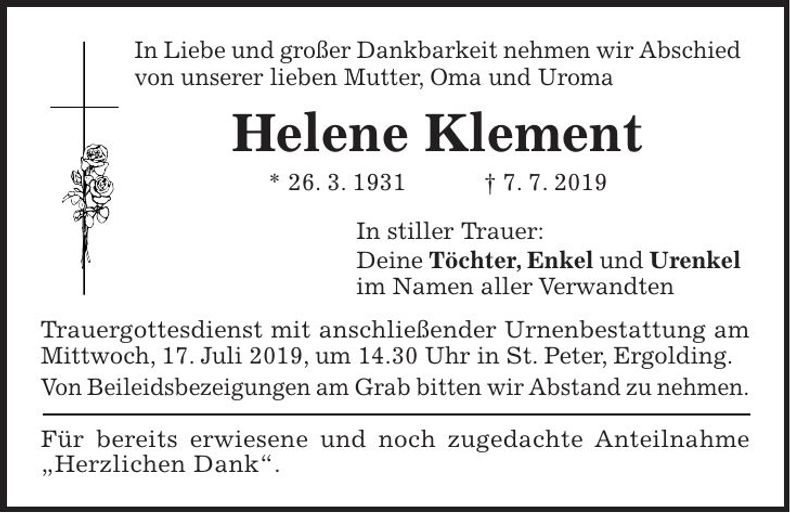 Traueranzeige Helene Klement