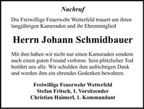 Traueranzeige Johann Schmidbauer