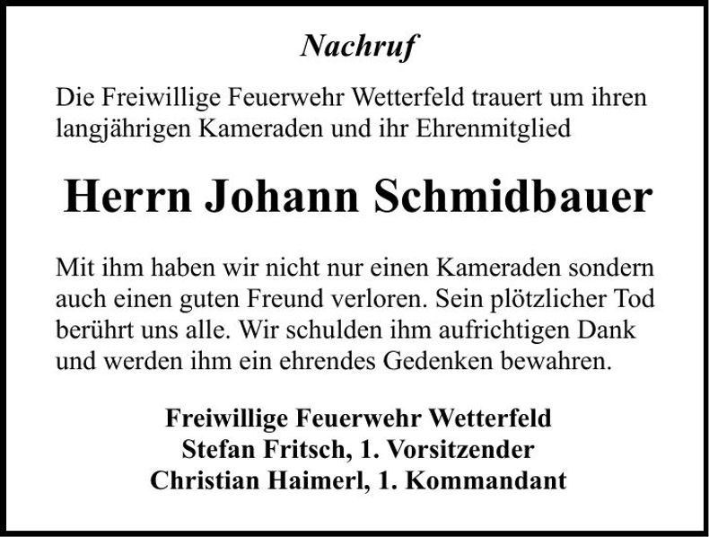 Traueranzeige Johann Schmidbauer