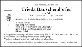 Traueranzeige Frieda Rauschendorfer