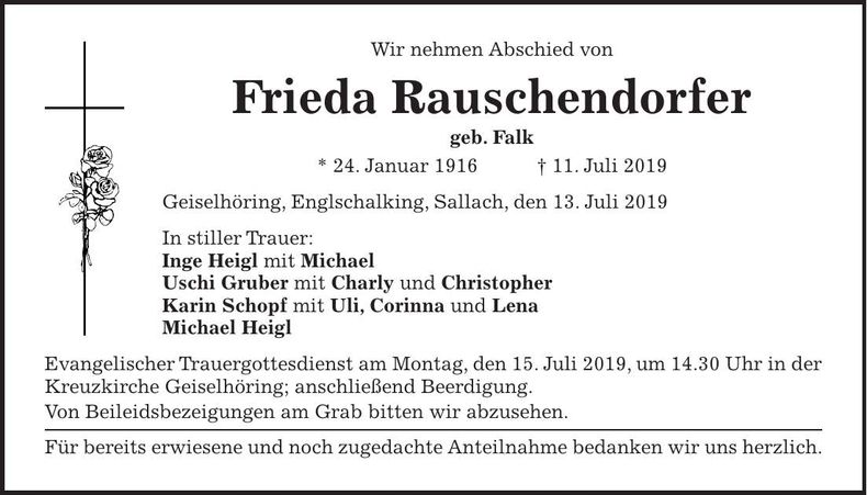 Traueranzeige Frieda Rauschendorfer