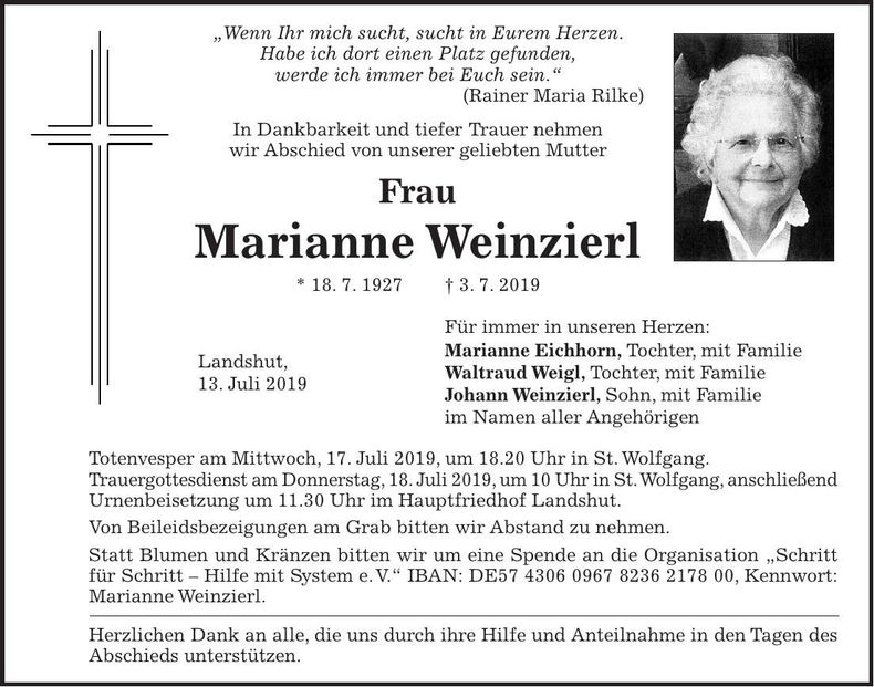 Traueranzeige Marianne Weinzierl
