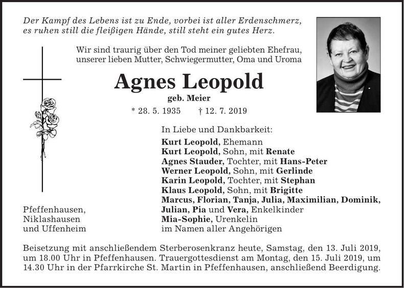 Traueranzeige Agnes Leopold
