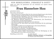 Traueranzeige Hannelore Hau