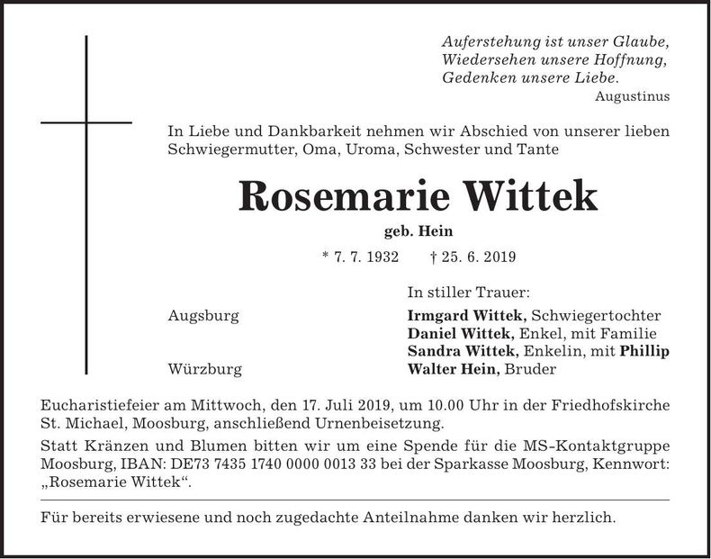 Traueranzeige Rosemarie Wittek