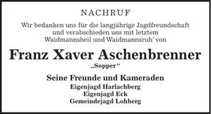 Traueranzeige Franz Xaver Aschenbrenner