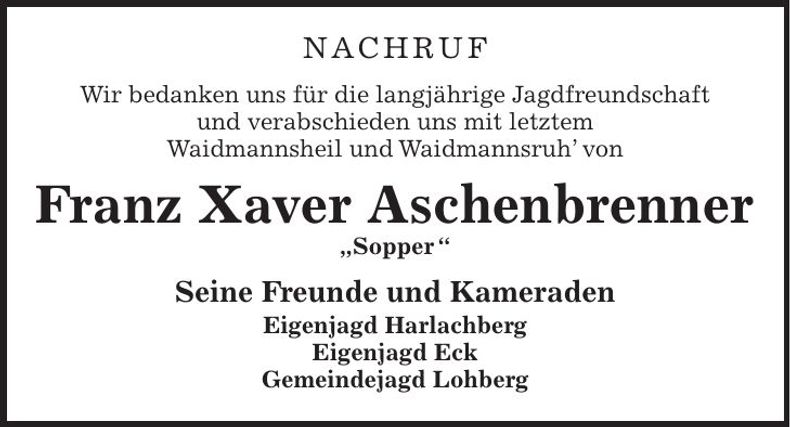 Traueranzeige Franz Xaver Aschenbrenner