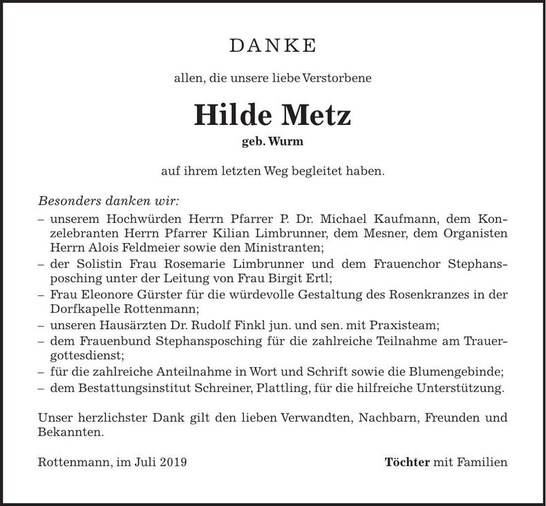 Traueranzeige Hilde Metz