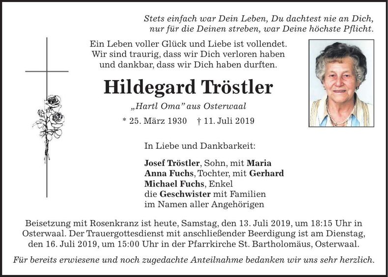 Traueranzeige Hildegard Tröstler