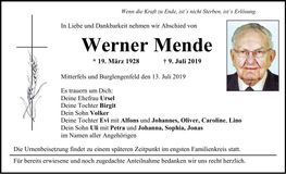 Traueranzeige Werner Mende
