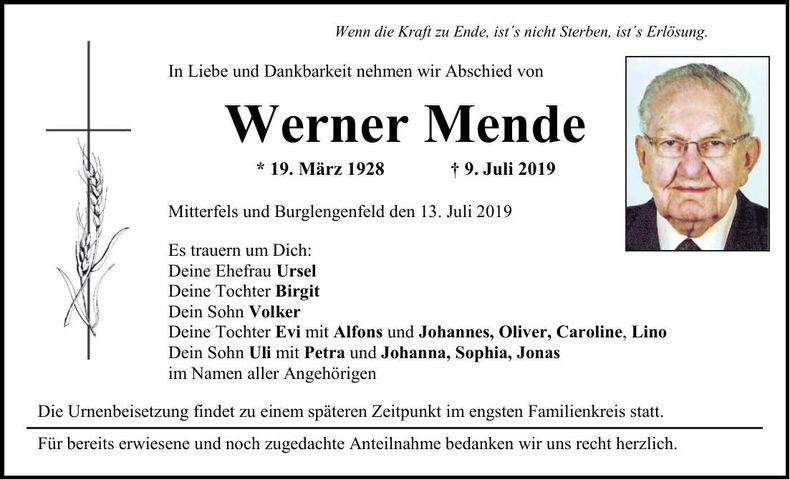 Traueranzeige Werner Mende