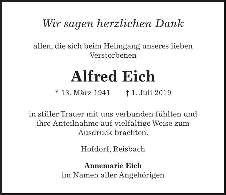Traueranzeige Alfred Eich