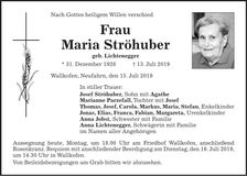 Traueranzeige Maria Ströhuber