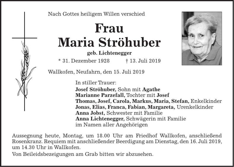 Traueranzeige Maria Ströhuber