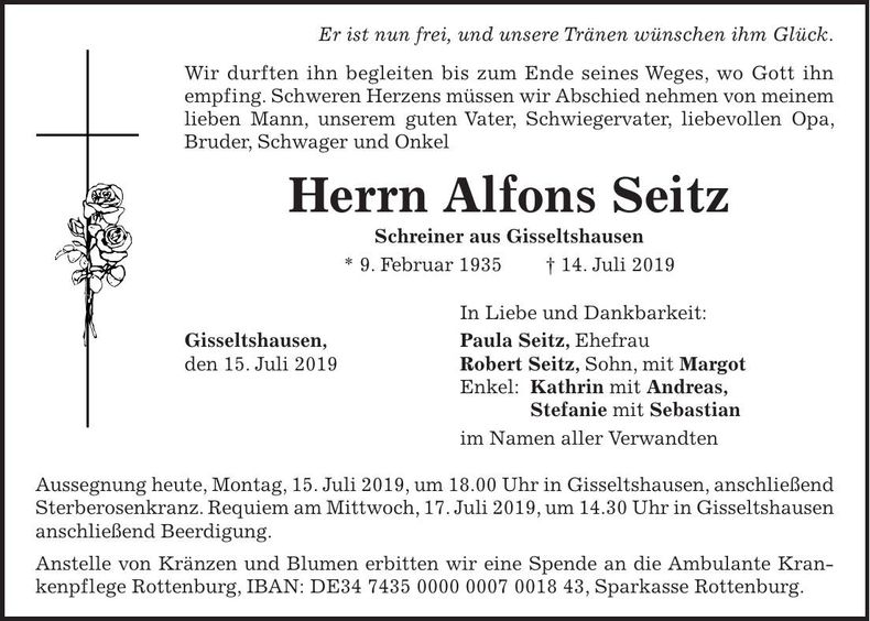 Traueranzeige Alfons Seitz