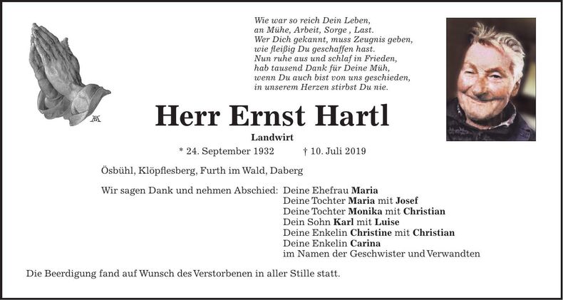 Traueranzeige Ernst Hartl