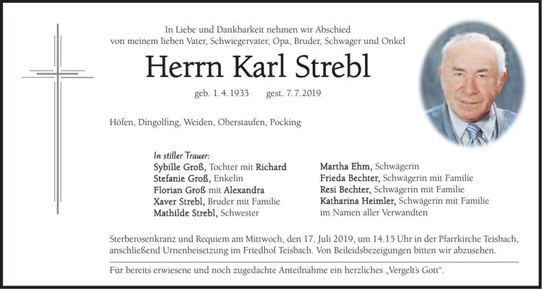 Traueranzeige Karl Strebl