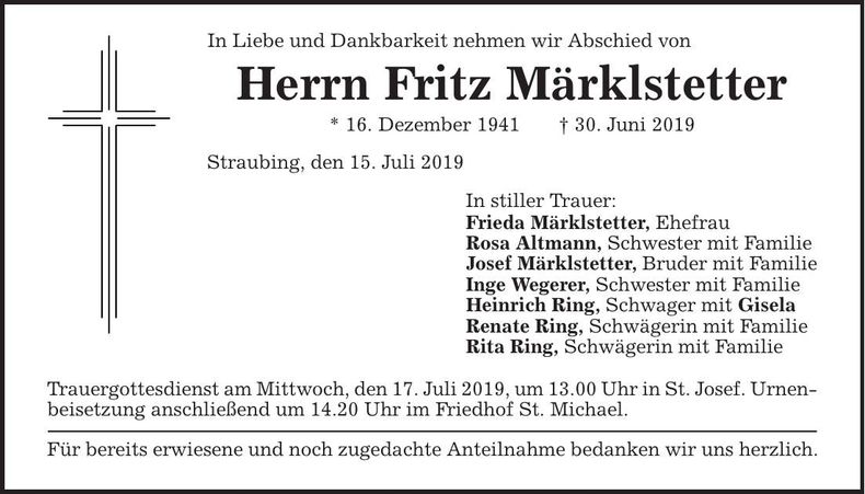 Traueranzeige Fritz Märklstetter