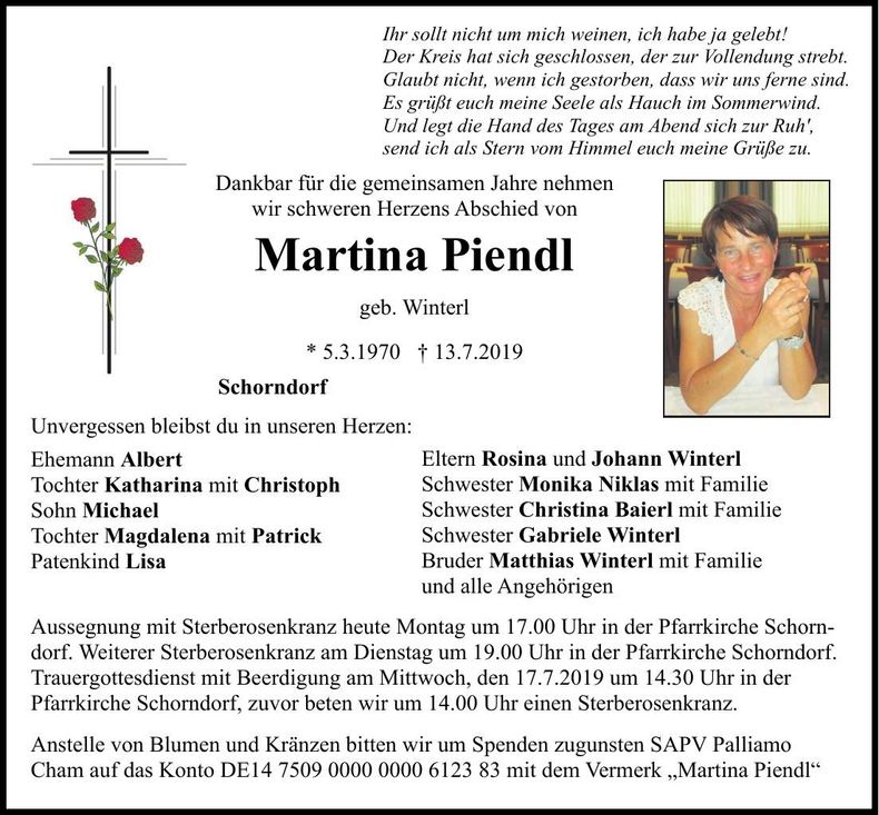 Traueranzeige Martina Piendl