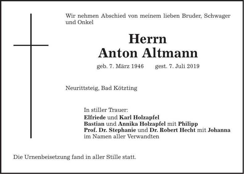 Traueranzeige Anton Altmann