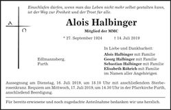 Traueranzeige Alois Halbinger