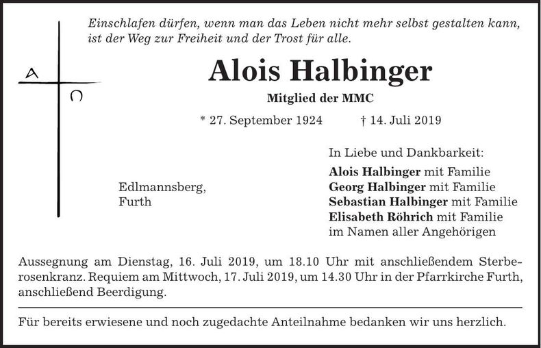 Traueranzeige Alois Halbinger