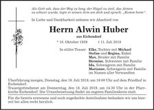 Traueranzeige Alwin Huber