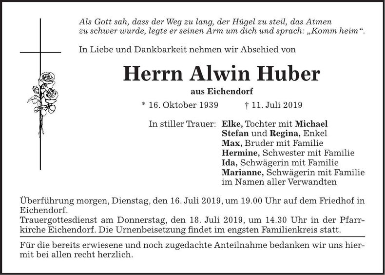 Traueranzeige Alwin Huber