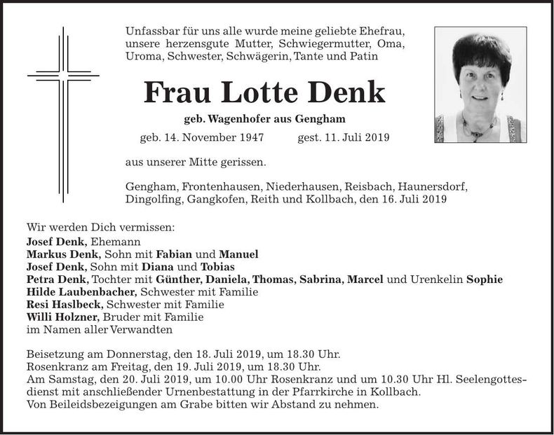 Traueranzeige Lotte Denk