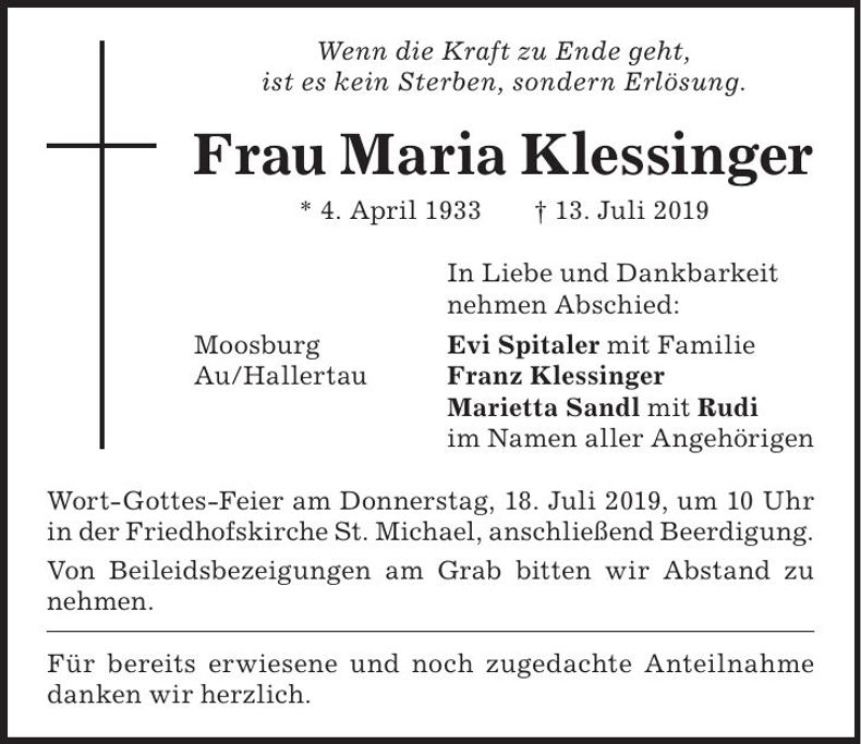 Traueranzeige Maria Klessinger
