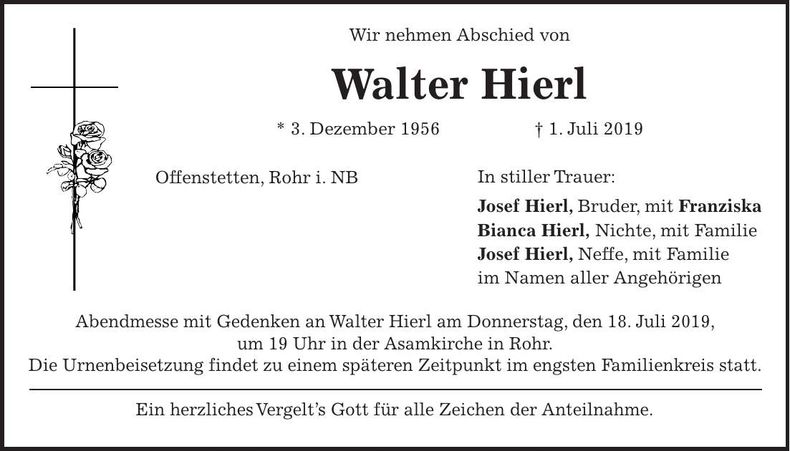 Traueranzeige Walter Hierl