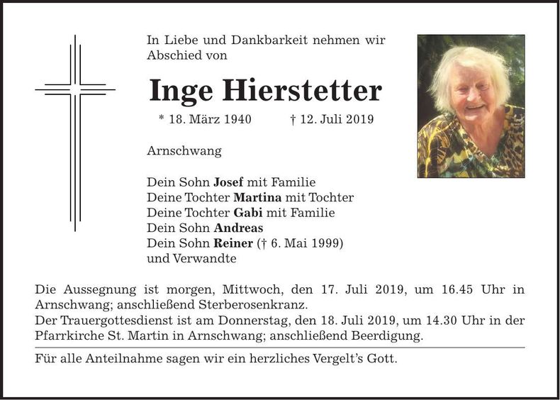 Traueranzeige Inge Hierstetter