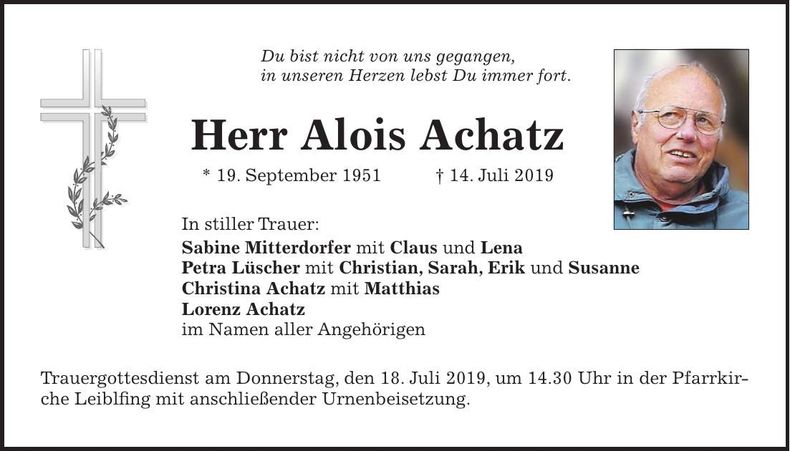 Traueranzeige Alois Achatz
