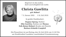 Traueranzeige Christa Gawlitta