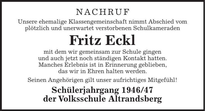 Traueranzeige Fritz Eckl